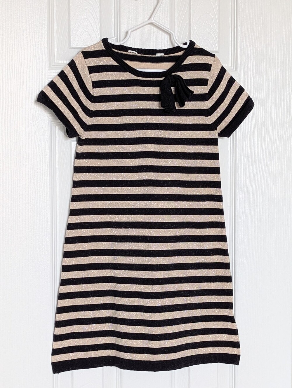 Girls' Black & Shimmering Gold Striped Short-Sleeve Knit Dress w/Bow Accent